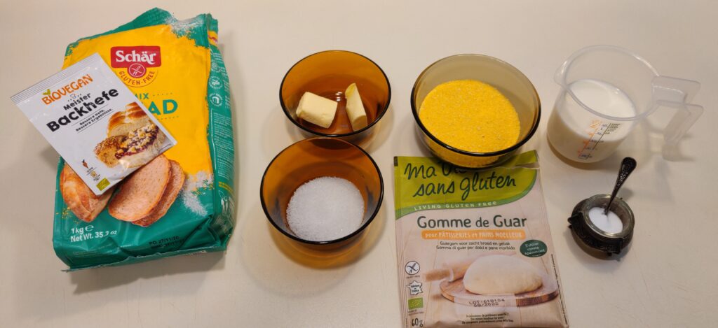 The Ingredients needed for gluten free english muffins, on a table