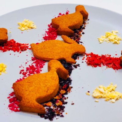A front view of some gluten Free gingerbread cookies sitting on a plate, surronded by dried raspberries, pineapple and black currants